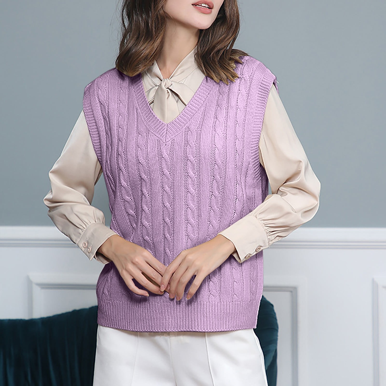 Purple Womens Tops Ladies' Solid Color Knit Vest Pullover V Neck