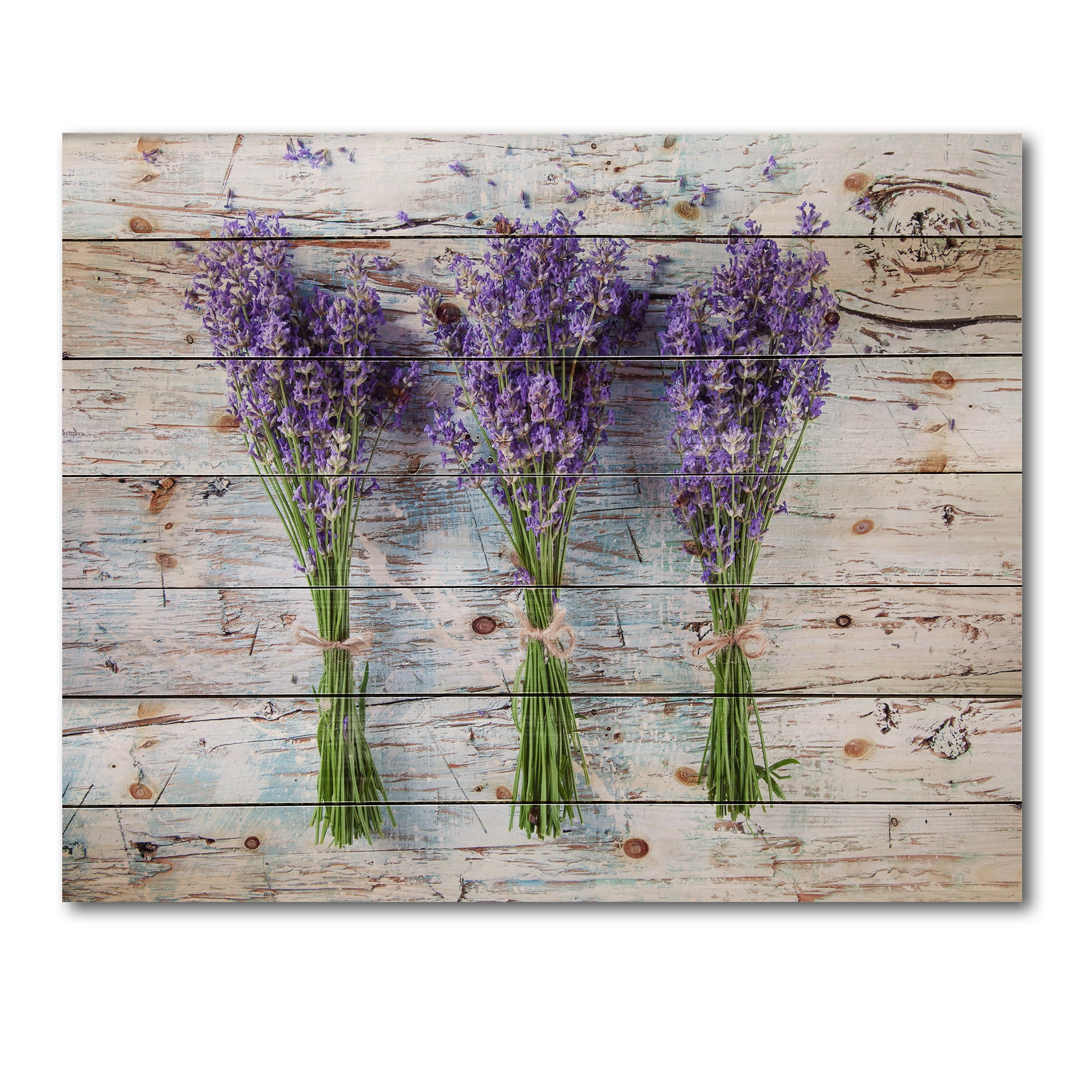 Designart 'Fresh Lavender Bouquets On Wood' Farmhouse Print on Natural Pine Wood