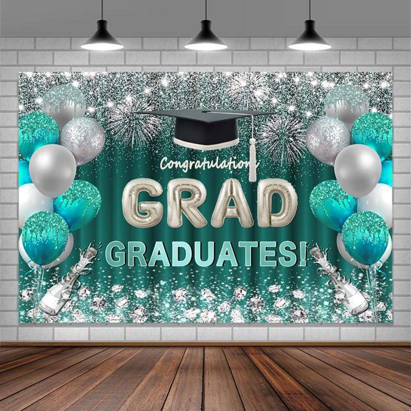 Silver Green Graduation Backdrop, Sparkling Balloon Fireworks Bachelor Cap Class of 2025 Congrats Grad Photography Background, Congrats Grad Senior Prom Party Decorations Photo Studio Props 7x5ft