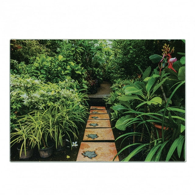 Peace Garden Cutting Board, Garden with Tropical Plants and Wooden Path Tranquility Harmony Theme, Decorative Tempered Glass Cutting and Serving Board, Small Size, Green Pale Brown, by Ambesonne