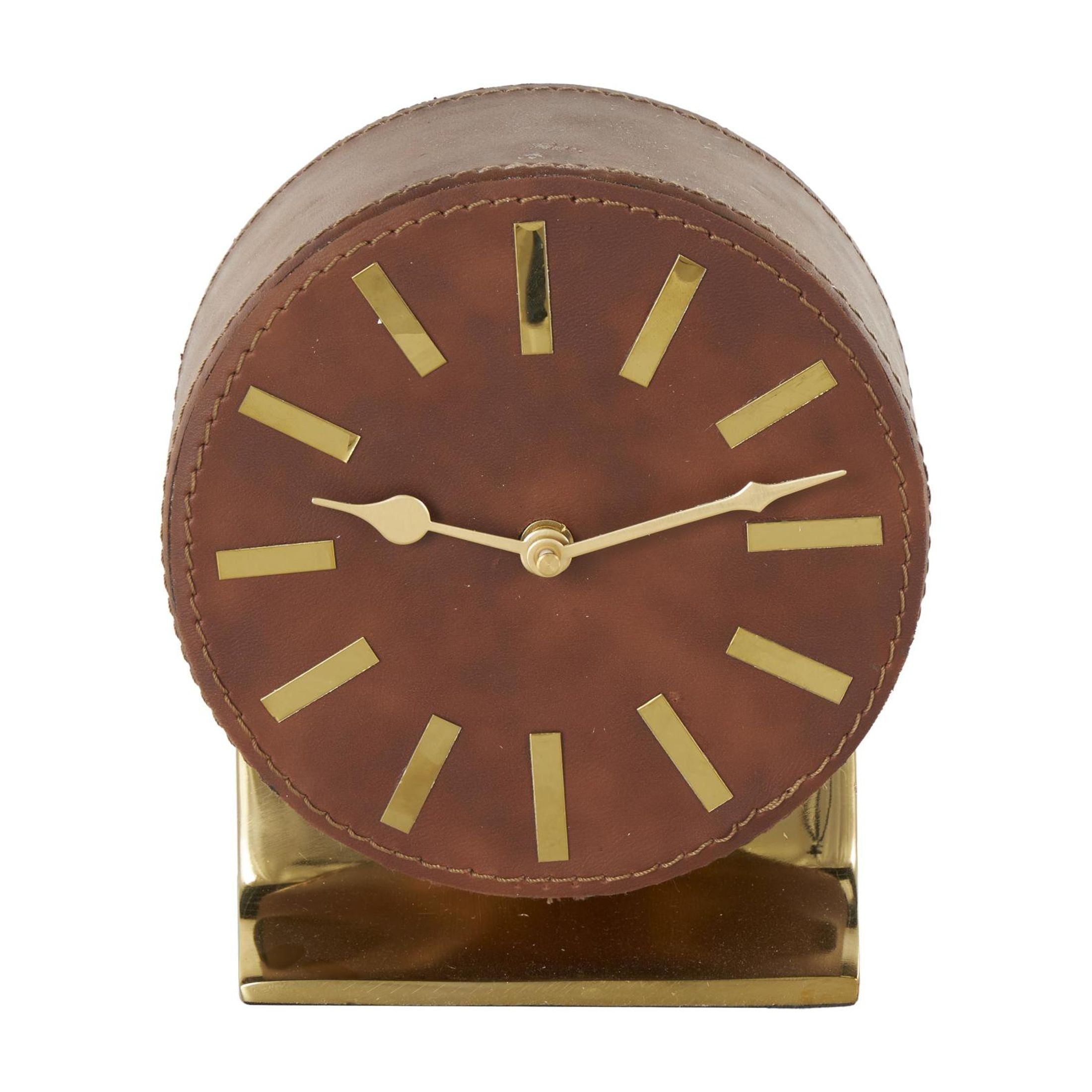 DecMode 7" Brown Faux Leather Round Clock with Gold Rectangular Base
