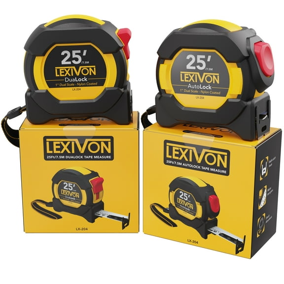 Lexivon DuaLock AutoLock Accurate Measurement Tape Measure, Nylon Coating, 25Ft, 2-Pack