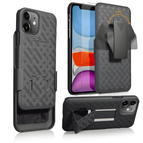 Compatible with Apple iPhone 11 Case with [Tempered Glass Screen Protector Belt Clip Holster] Hybrid ShockProof Armor Protection Phone Cover [Black]