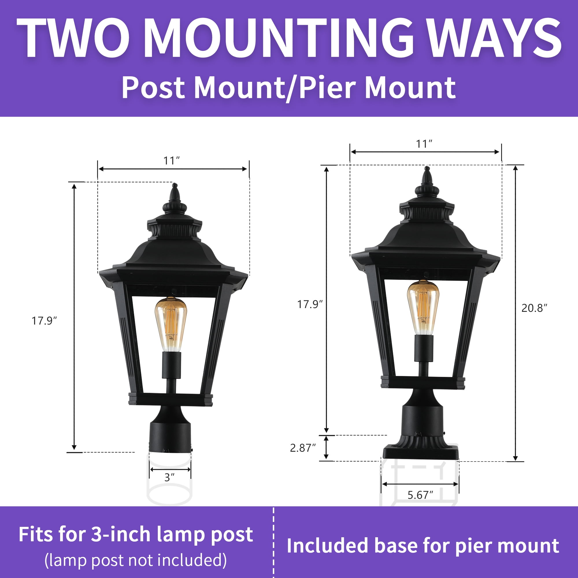 GCGAFUL 2 Pack Outdoor Post Light, 21 in Waterproof Lamp Post Light Fixtures with Pier Mount Base for Garden, Patio, Fence (Bulb Not Included)