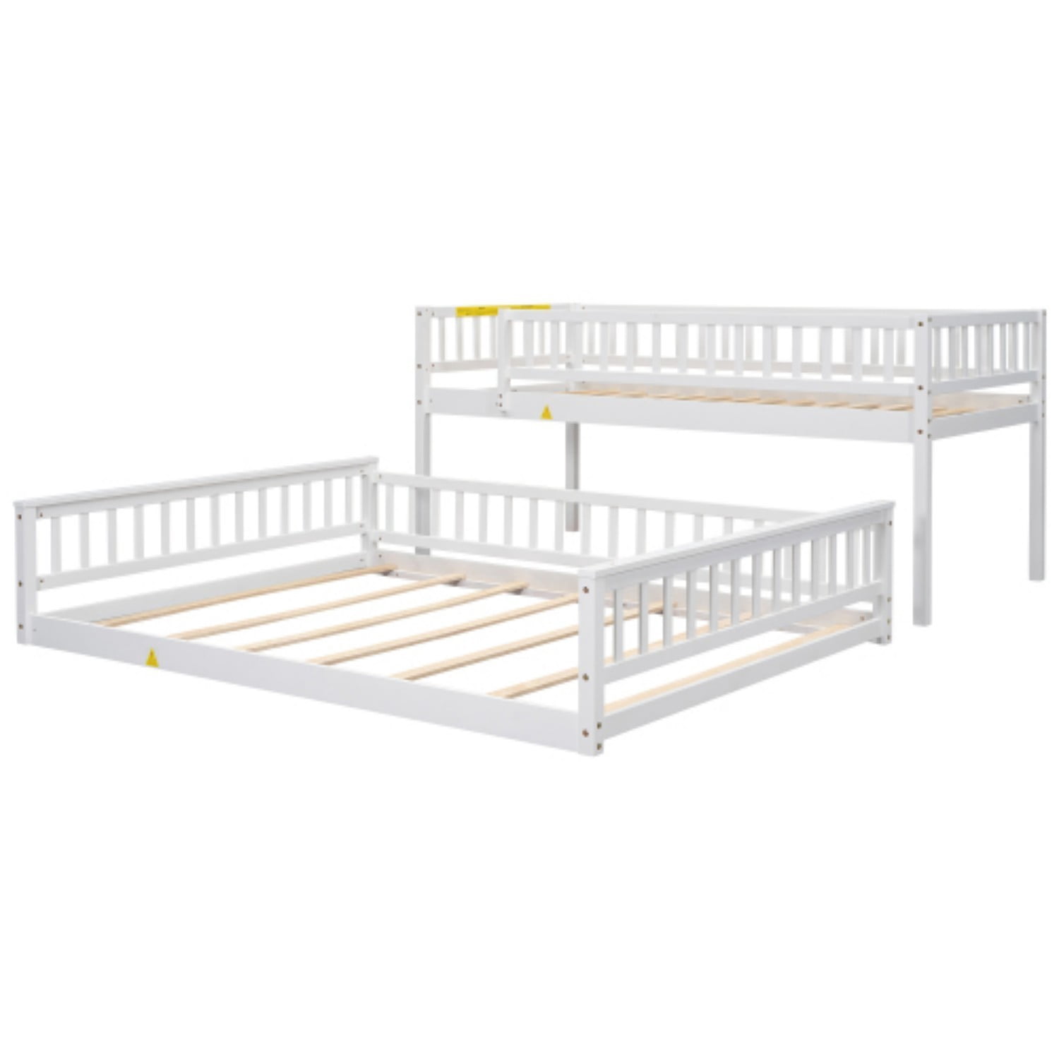 Twin XL Over Queen Bunk Bed with Ladder, Convertible Wood Bunk Bed Frame with Safety Guardrails, Solid Pine Wood Space Saving Bed for Bedroom, White