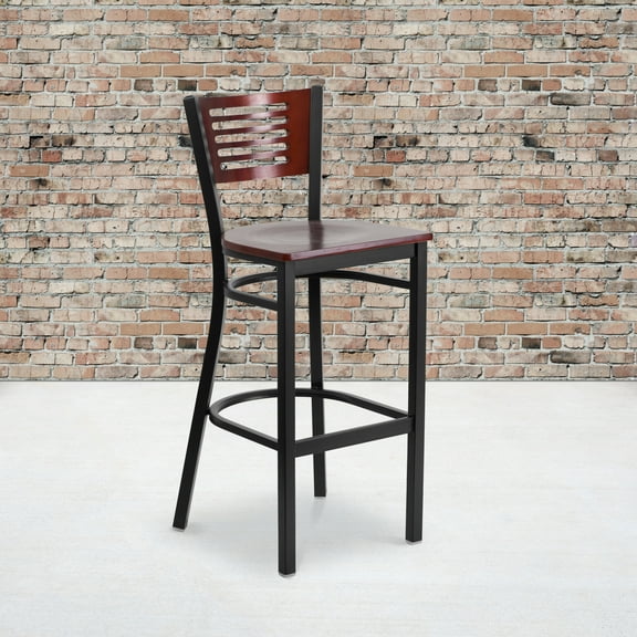 Flash Furniture 2 Pk. HERCULES Series Black Slat Back Metal Restaurant Barstool - Mahogany Wood Back & Seat