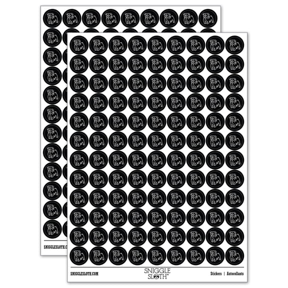 English Bulldog Standing Dog 200 Round Stickers - Black - Gloss Finish - 0.50" Size