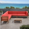 thumbnail image 2 of GDF Studio Emma Outdoor 7 Seater Acacia Wood Sectional Sofa Set, Teak Finish and Red, 2 of 14