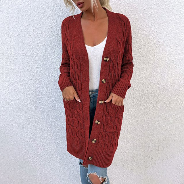 Suéter de punto de cable de manga larga para mujer, elegante y ligero, cárdigan con frente abierto, botón, prendas de vestir exteriores sueltas XL rojo Baoblaze Chaqueta de punto