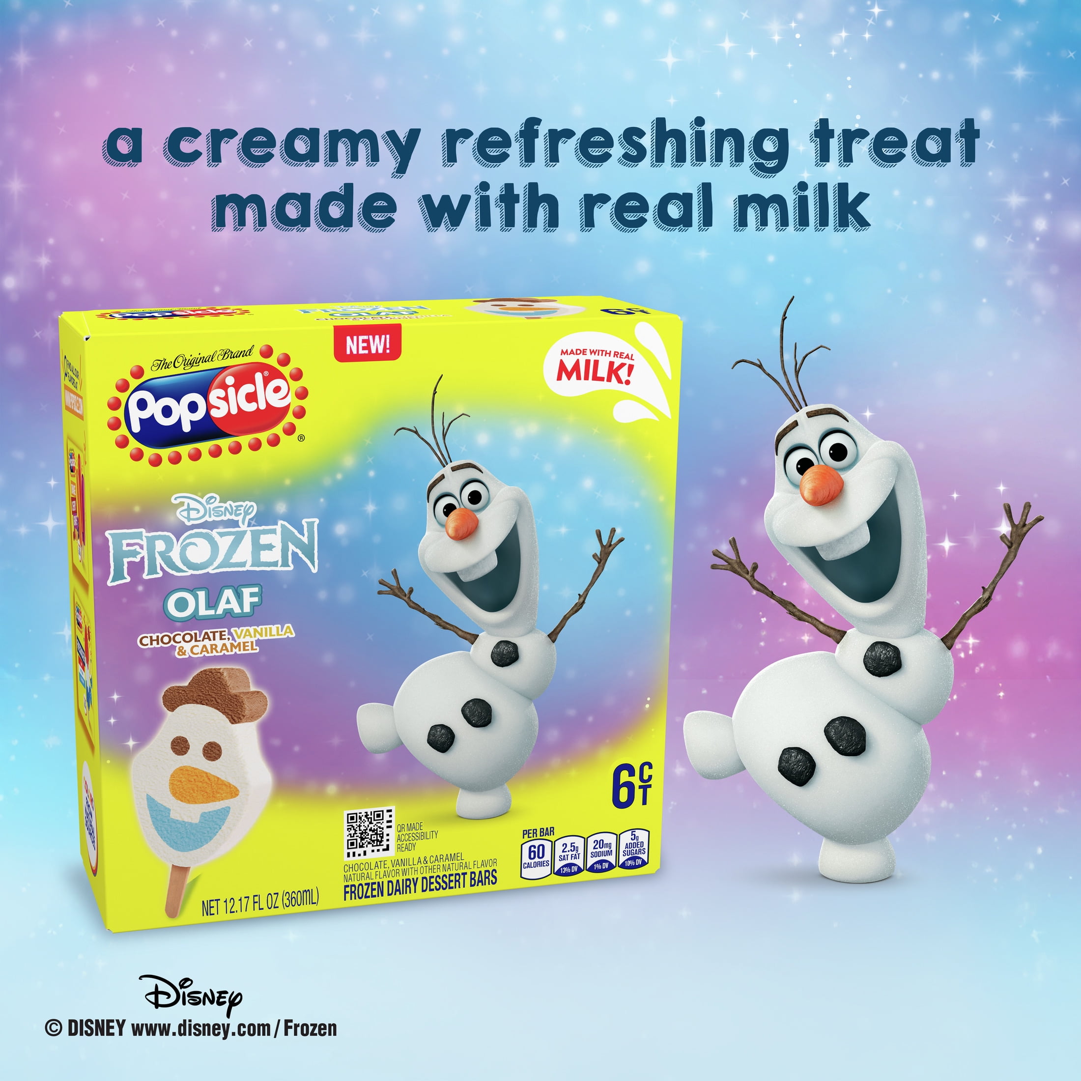 Popsicle Disney Frozen Olaf Colors from Natural Sources Chocolate Vanilla Caramel Ice Cream Bars, 6 Count