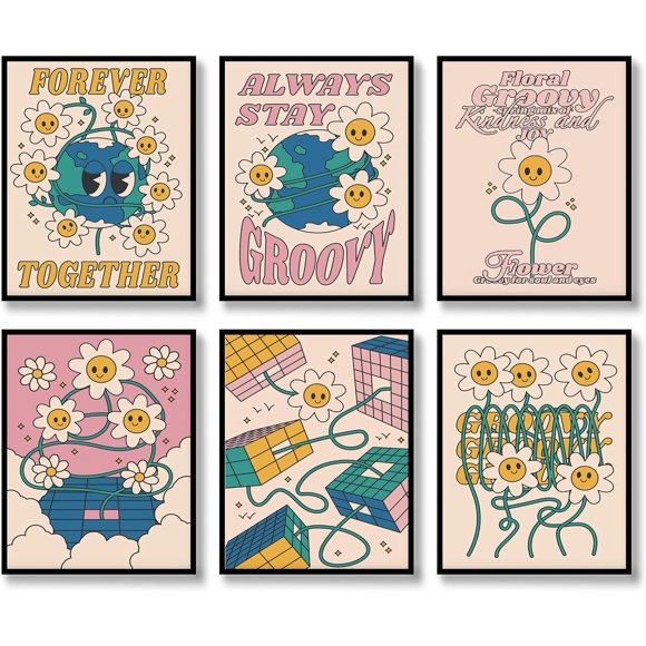 Hippie Wall Art Retro Floral Prints Set of 6 Hippie Flower Canvas Vintage Posters Aesthetic Abstract Happy Face Pictures Boho Positive Photos for Living room Bedroom Decoration 8x10 inch Unframed