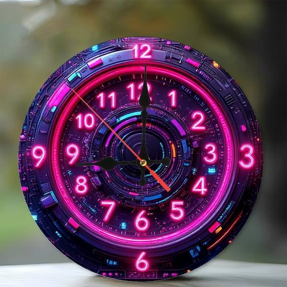 Neon Clock Cyberpunk Wall Clock Decor 10-Inch Silent Wooden Wall Clock, Battery Operated (AA Batteries Not Included), Artistic Home Decor