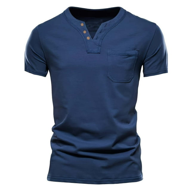 fatyb Mens Casual T-Shirts Summer Button V Neck Tee Pullover Solid Color Vacation Beach Tops with Pocket