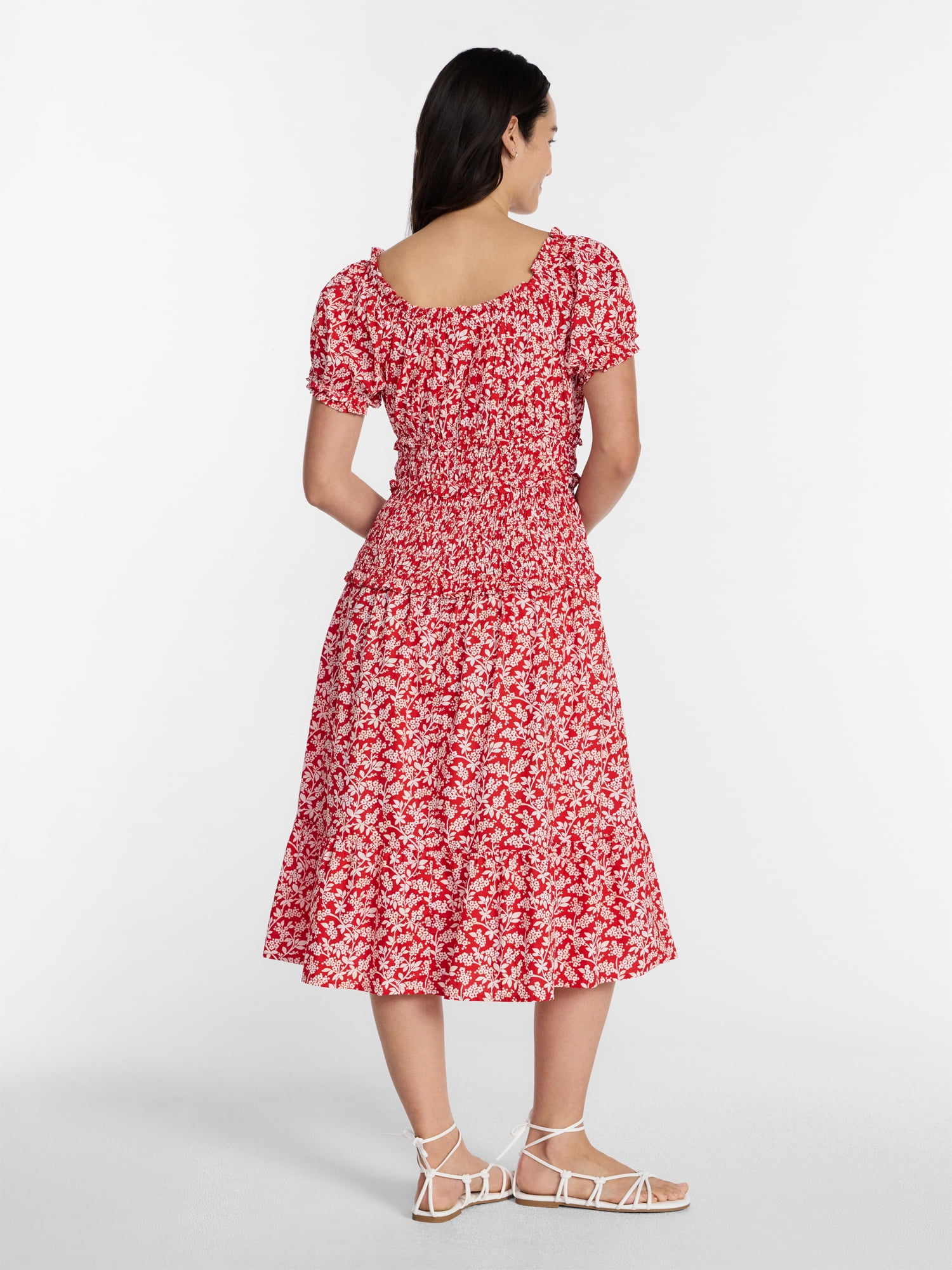 Time and Tru Women's Smocked Cotton Peasant Midi Dress, Sizes XS-XXXL