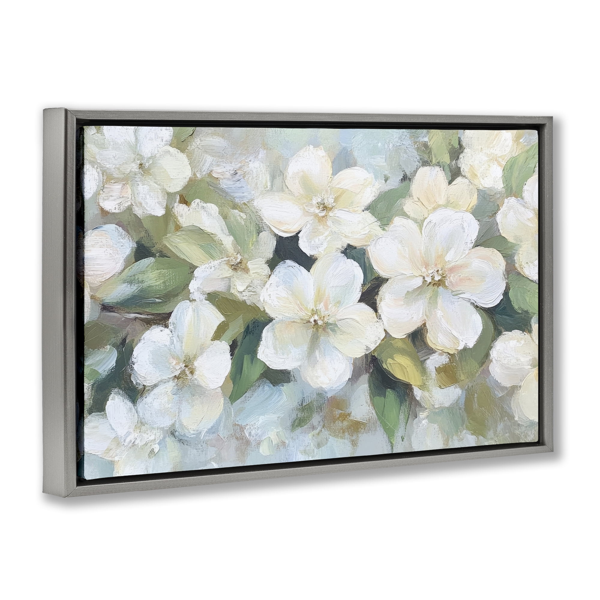 Stupell Industries Painted White Flowers in Leaves Gray Framed Floater Canvas Wall Art, design by Petal Prints Design