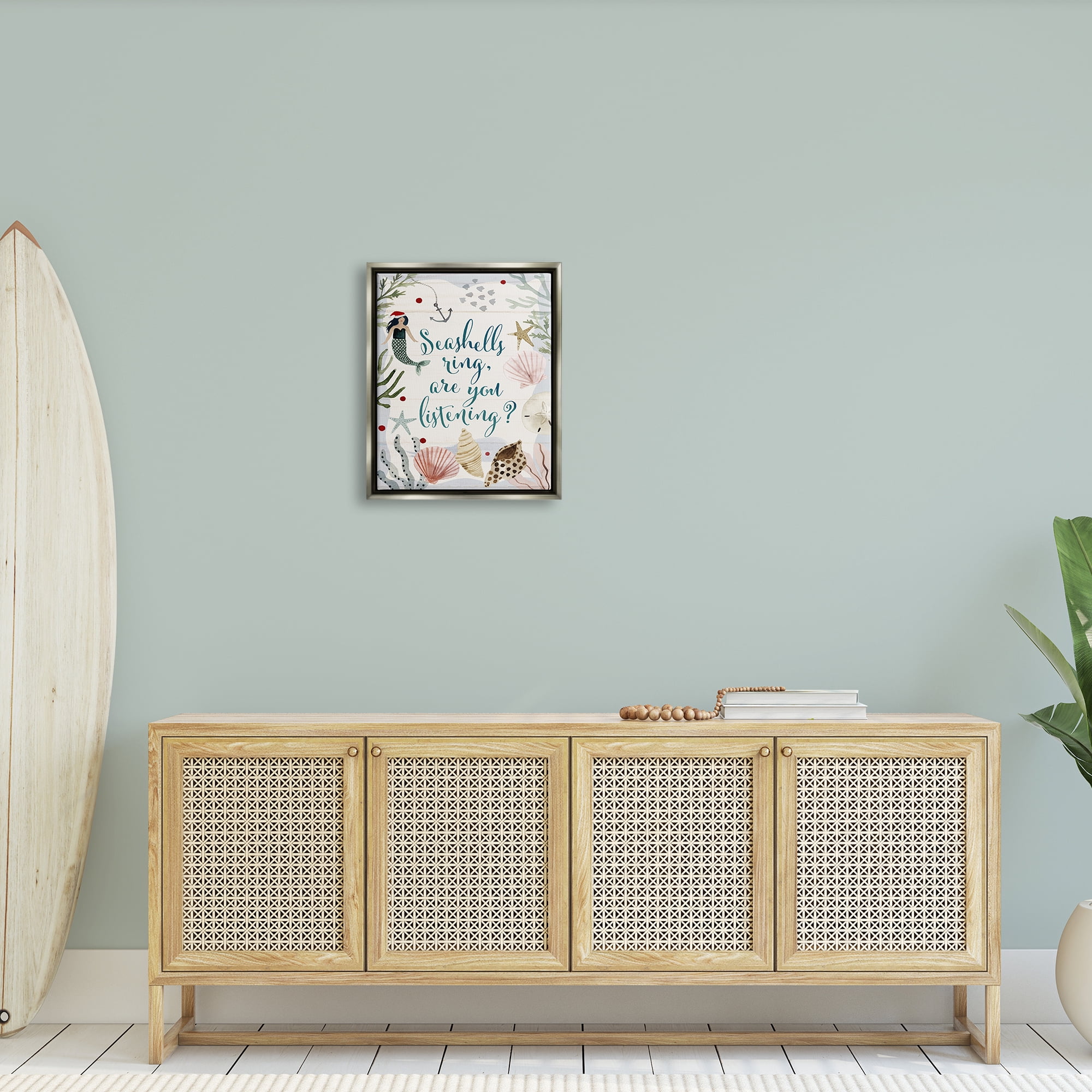 Stupell Industries Seashells Ring, You Listening Phrase Nautical Beach Christmas Luster Gray Framed Floating Canvas Wall Art, 16x20, by Victoria Barnes