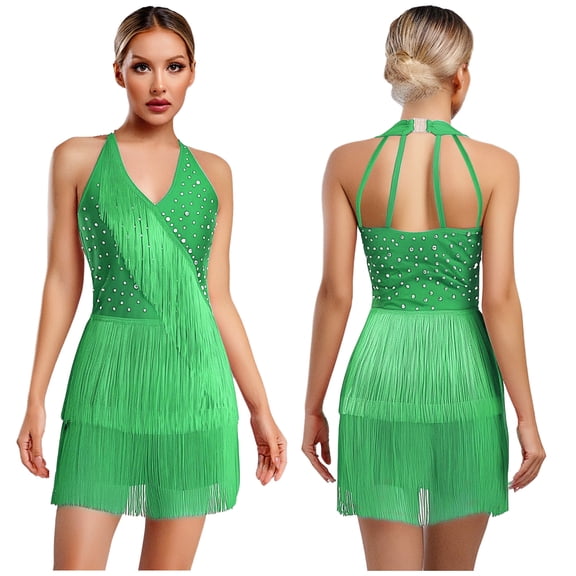 iiniim Womens Tassel Fringe Latin Dance Dress Halter Tassel Romper Latin Tango Salsa Jazz Green XL