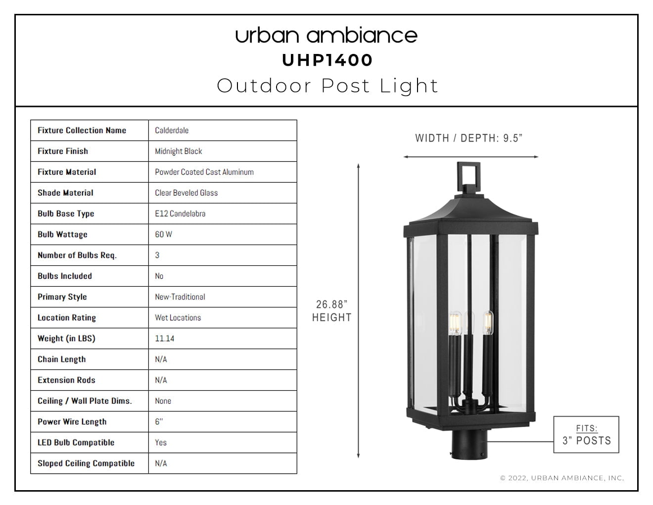 Luxury Farmhouse Post Light, 26.875H x 9.5W, with Modern Farmhouse Style, Midnight Black, UHP1400 by Urban Ambiance