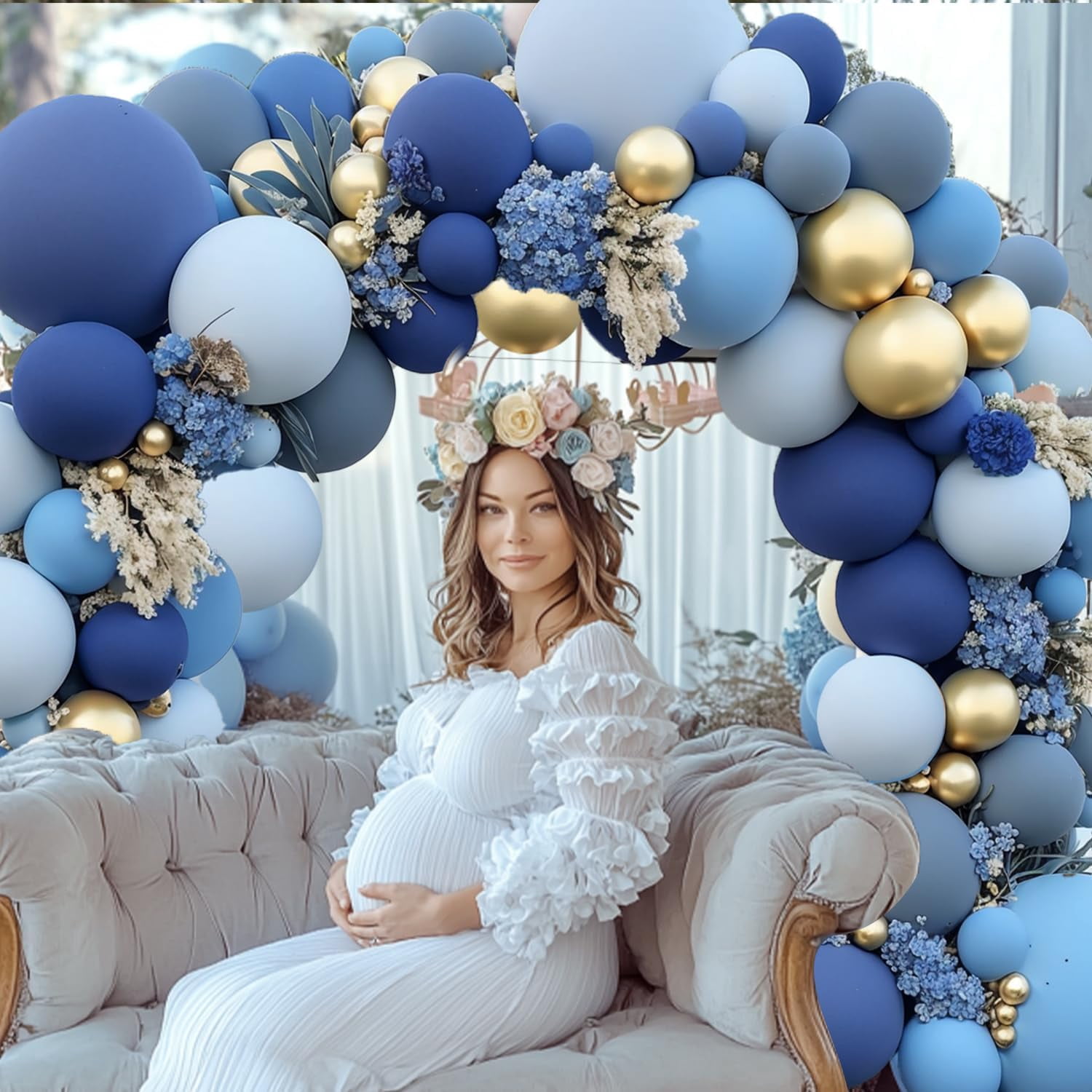 Dusty Blue Gold Balloons Arch Kit, Double Stuffed Pastel Balloon Arch Pastel Light Dark Denim Pale Blue Balloons With Blue Gold Balloons for Birthday Wedding Graduation Party Decorations
