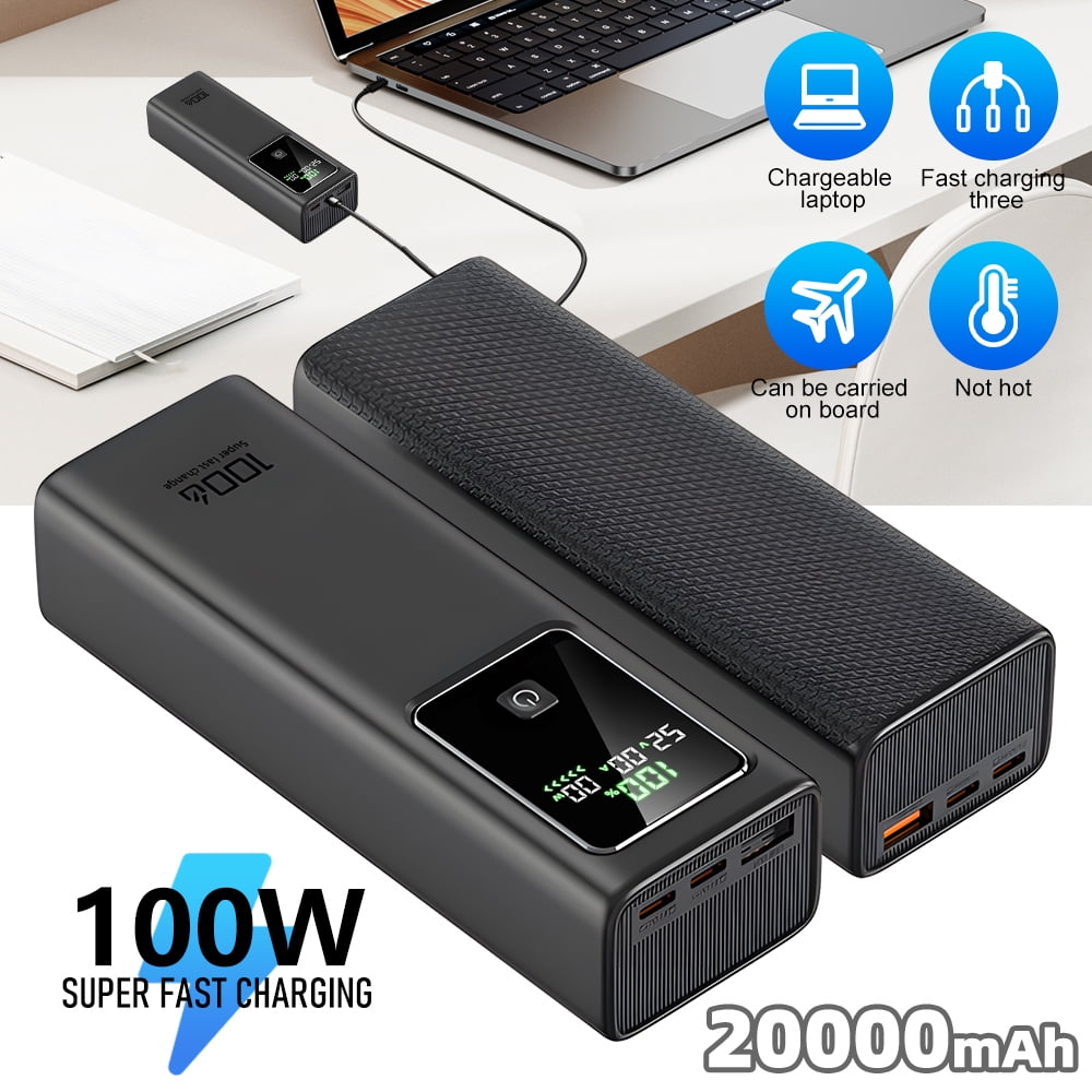 100W 20000mAh Fast Charging Portable Power Bank, High Quality Battery for Laptops, Phones and Gaming Devices, Black