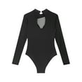 thumbnail image 5 of TiaoBug Women Rhinestone Color Block Ballet Dance Leotard Sheer Mesh Long Sleeve Gymnastics Bodysuit Tops Black M, 5 of 7