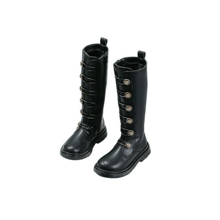 

Tenmix Kids Casual Knee High Boots Hiking Plush Lined School Comfort Riding Boot Black (Plush Lining) 2.5Y