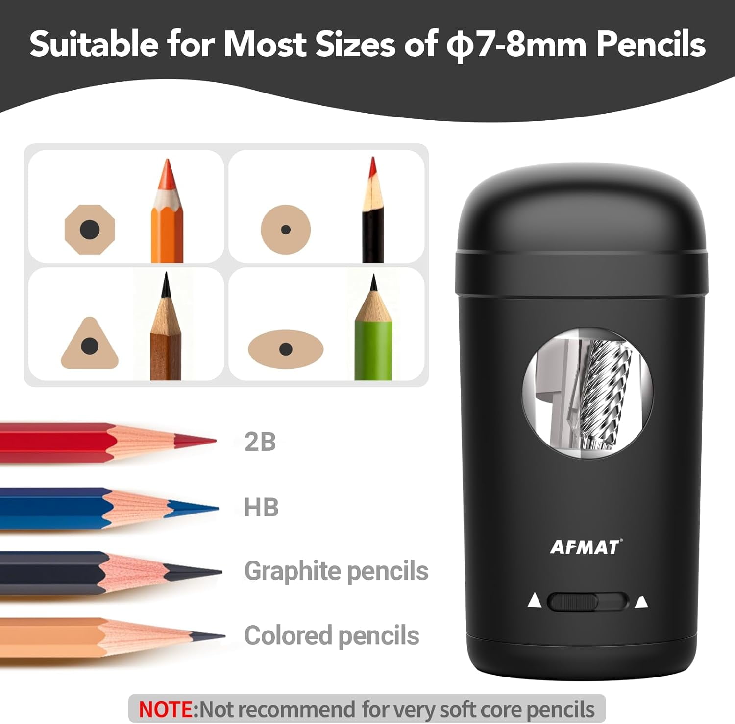 AFMAT Electric Pencil Sharpener, Fully Automatic Pencil Sharpener for 7-8mm Pencils & Colored Pencil, Auto in & Out, Rechargeable Vertical Hands-Free Sharpeners for Classroom/Home/Office,Black