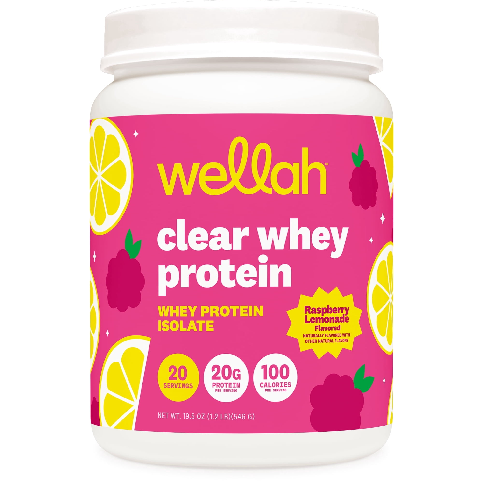 Wellah Clear Whey Protein Isolate Powder (Raspberry Lemonade) 20 Servings - 20g of Protein Per Serving, 100 Calories, Sweetened with Stevia