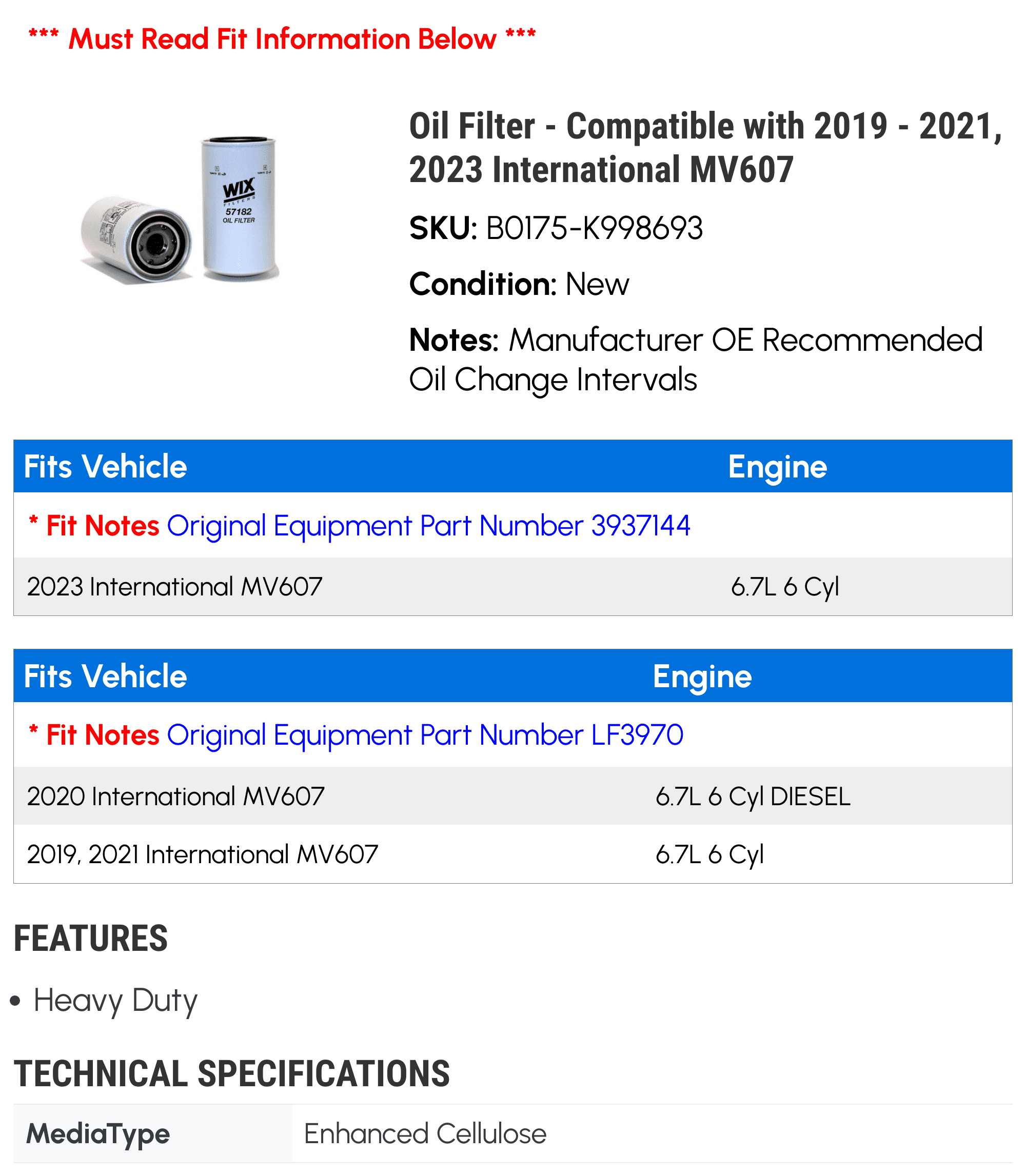 Oil Filter - Compatible with 2019 - 2021, 2023 International MV607 2020