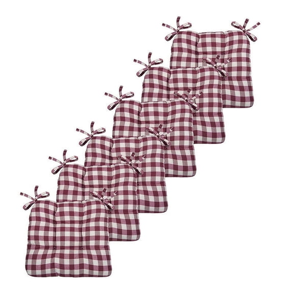 6 Pack Kate Aurora Country Living Plush Gingham Plaid Checkered Country Farmhouse Chair Cushions/Pads With Tear Proof Ties - Burgundy/Beige