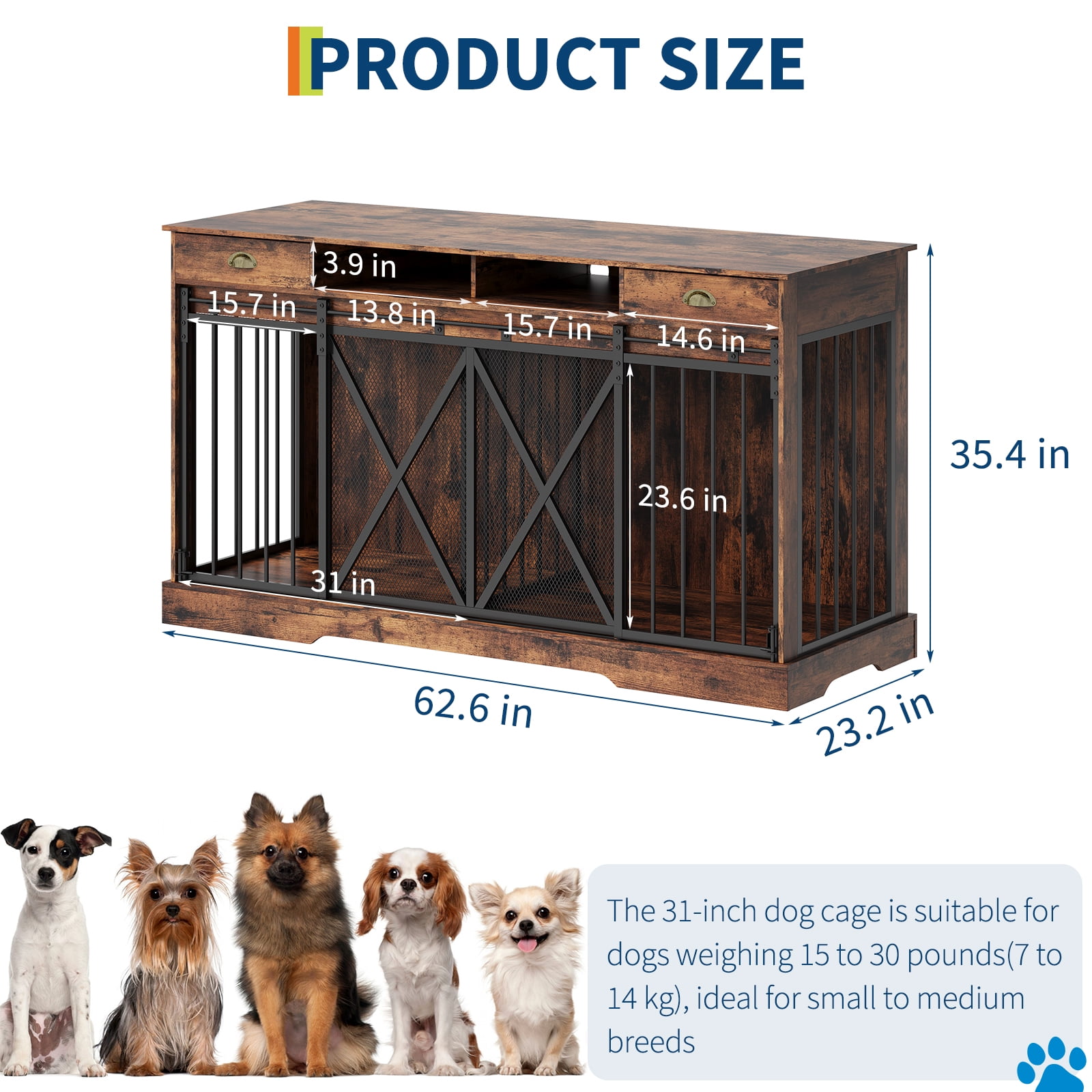 Large Dog Crate Furniture, Heavy Duty Dogs Cage with Double Doors, Divider, 2 Drawers, Sliding Doors, Indoor Puppy Kennel Side Table TV Stand for Small and Medium Sized Dog(Brown+Black)