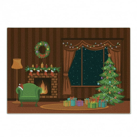 Fireplace Cutting Board, Merry Christmas Themed Cartoon Design Room with Log Fire Tree and Presents, Decorative Tempered Glass Cutting and Serving Board, in 3 Sizes, by Ambesonne