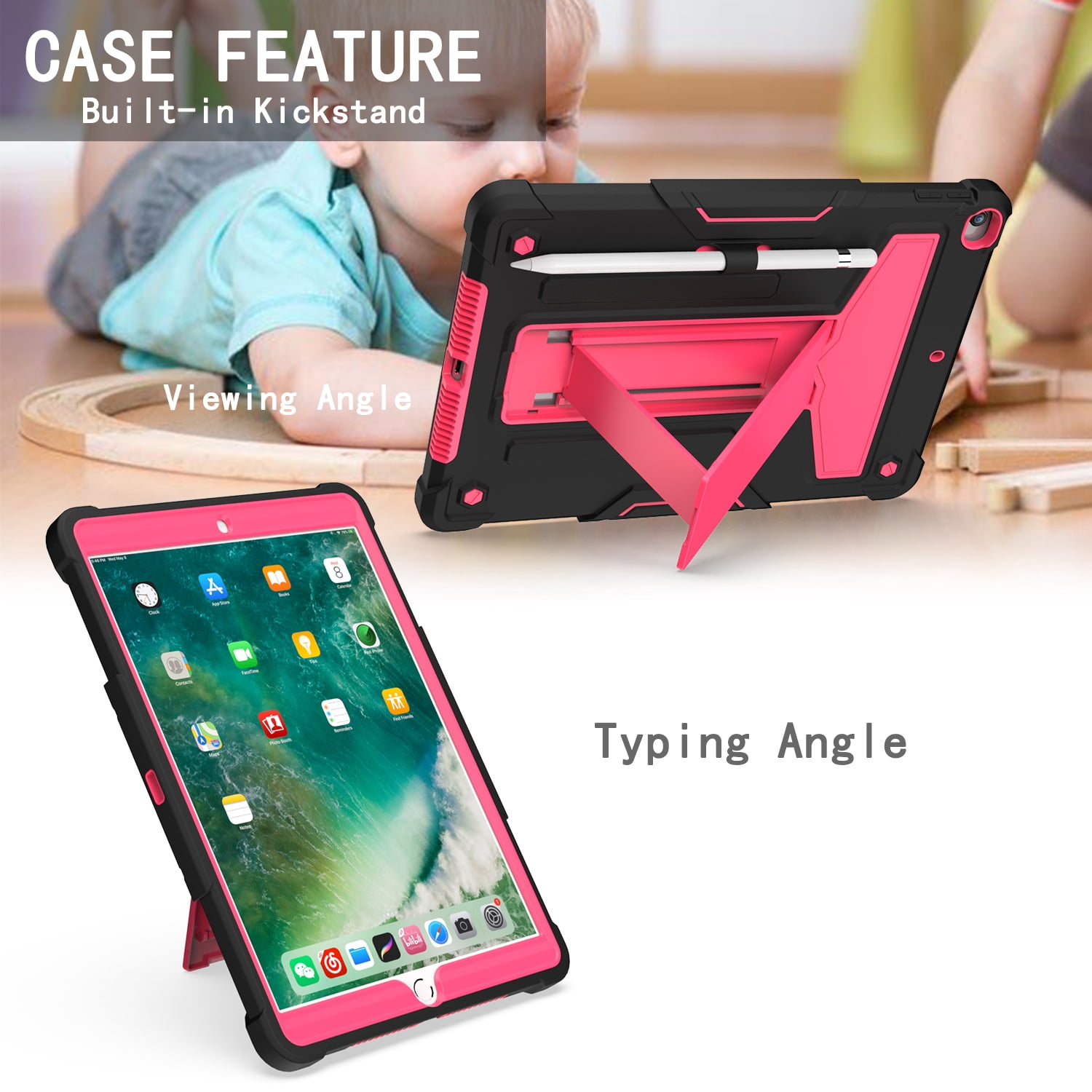 Allytech iPad 7th Generation Cases, iPad 10.2" 2019 Case Heavy Duty Hybrid PC + Silicone Drop Protection Rugged Case with Pencil Holder Built-in Kickstand for Apple iPad 10.2 inch, Black/Rose