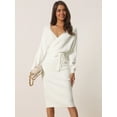 thumbnail image 3 of Unique Bargains Women's Deep V Neck Wrap Lantern Sleeve Belted Mini Sweater Dress M White, 3 of 6