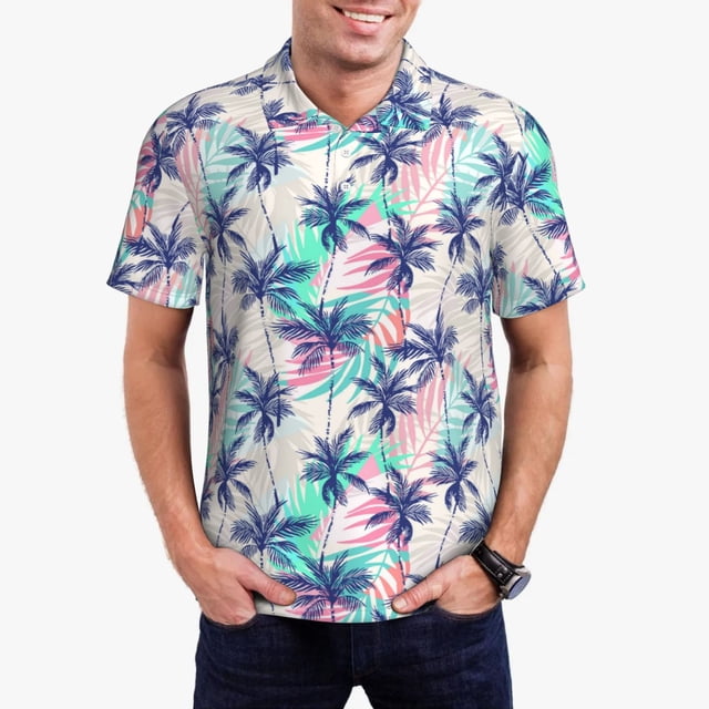 Balery Palm Leaves Camisa Polo de Hombre con Estampado, de Manga Corta y Tejido Medio, Camisa Tipo Golf Polo-Large