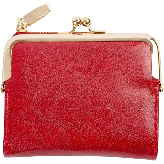 4.96 x 4.37 Inch PU Leather Small Kiss Lock Wallet Ladies Compact Bifold Coin Purse RFID Blocking Vintage Rectangle Wallet With Zipper for DIY Women Travel Money Organizer (Red)