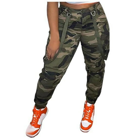 Camo Pants Women Cargo High Waisted Trendy Belt Design Long Pants Stretchy Slim Fit Skinny Joggers Fall Winter Trousers Camouflage L