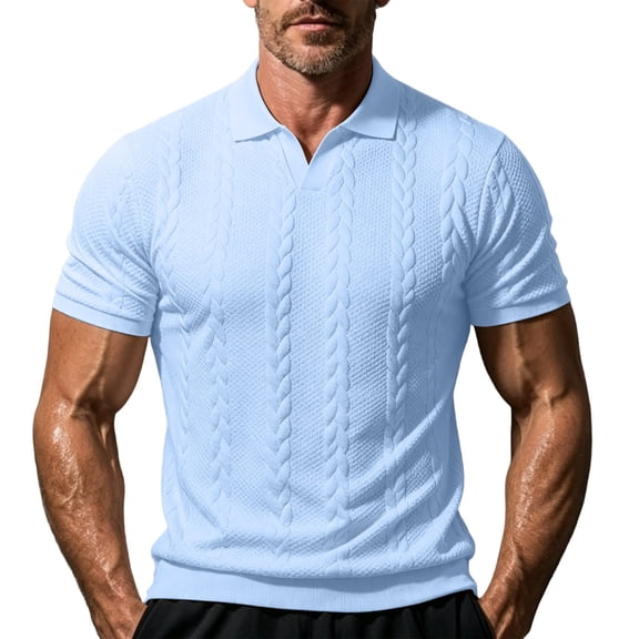 KIHOUT Men's Cable Knit Jacquard Polo Shirt, Stretch V-Neck Collar Short Sleeve Casual & Business Top