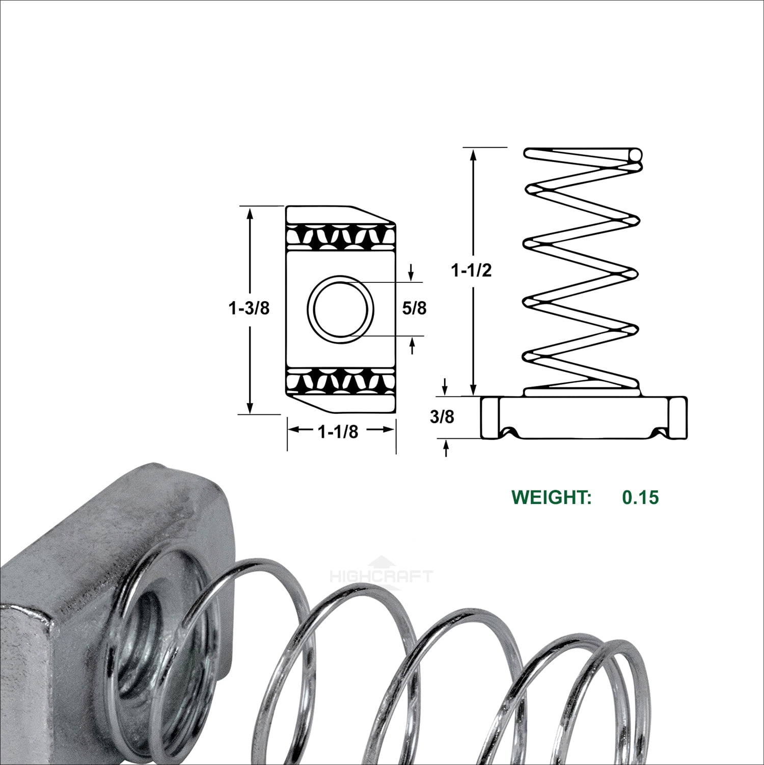 Highcraft 5/8" X 1-3/8" Threaded Strut Channel Nuts W/ Long Spring, Steel 50 Pk