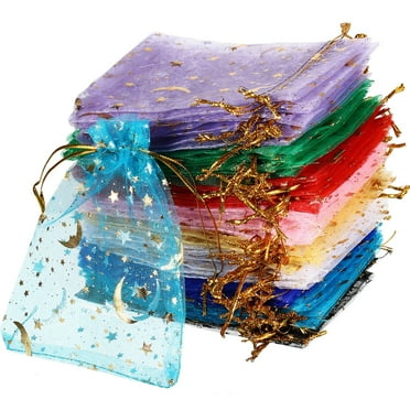 (Gazdag)100PCS Organza Bags 3.9X4.7 with Drawstring Jewelry Bags Small Moon Star Mesh Bags for Wedding Party Favor Candy Bags