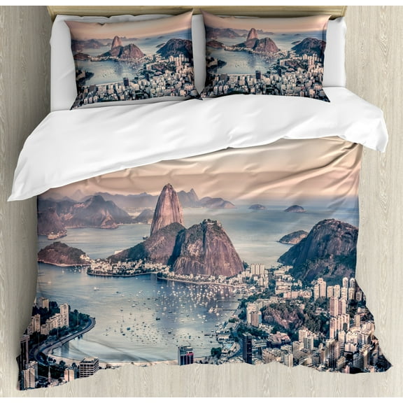 Vintage Beach Duvet Cover Set King Size, Photo Rio De Janeiro Coastline Brazil City Beach Landscape Mellow Sunset, 3 Piece Bedding Set with 2 Pillow Shams, Multicolor, by Ambesonne