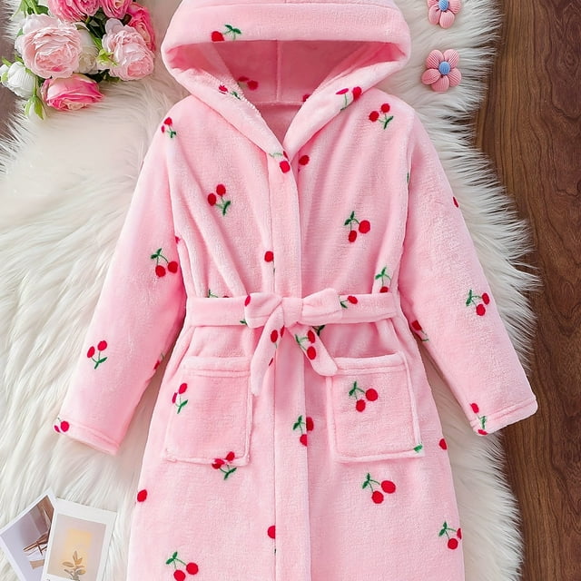 SNNROO Cozy Girls‘ Hooded Bathrobe with Soft Warm Fabric - Cherry Pattern Design Perfect Gift for Her