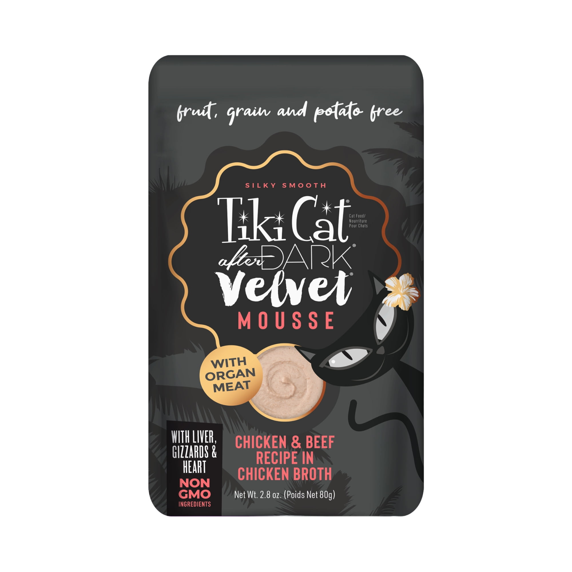 (6 pack) Tiki Cat After Dark Velvet Mousse Wet Cat Food, Chicken & Beef, 2.8 oz. Pouch