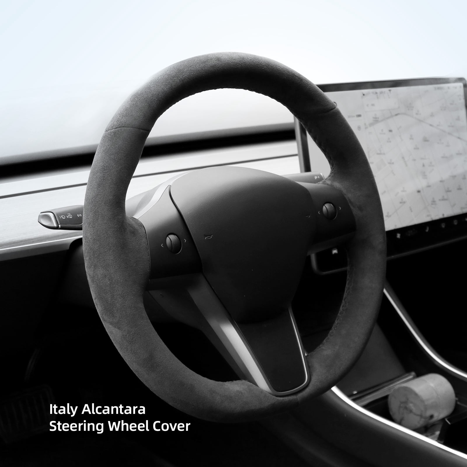 Alfanxi Hand Stitch Sewing Italy Alcantara, Black Thread, Steering Wheel Cover for Tesla Model 3 or Model Y 2018-2023