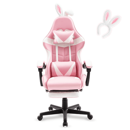 Soontrans Gaming Chair with Footrest, Massage Ergonomic Office Chair with Headrest & Lumbar Support, High Back Leather Chairs with Cute Bunny Ears, Pink