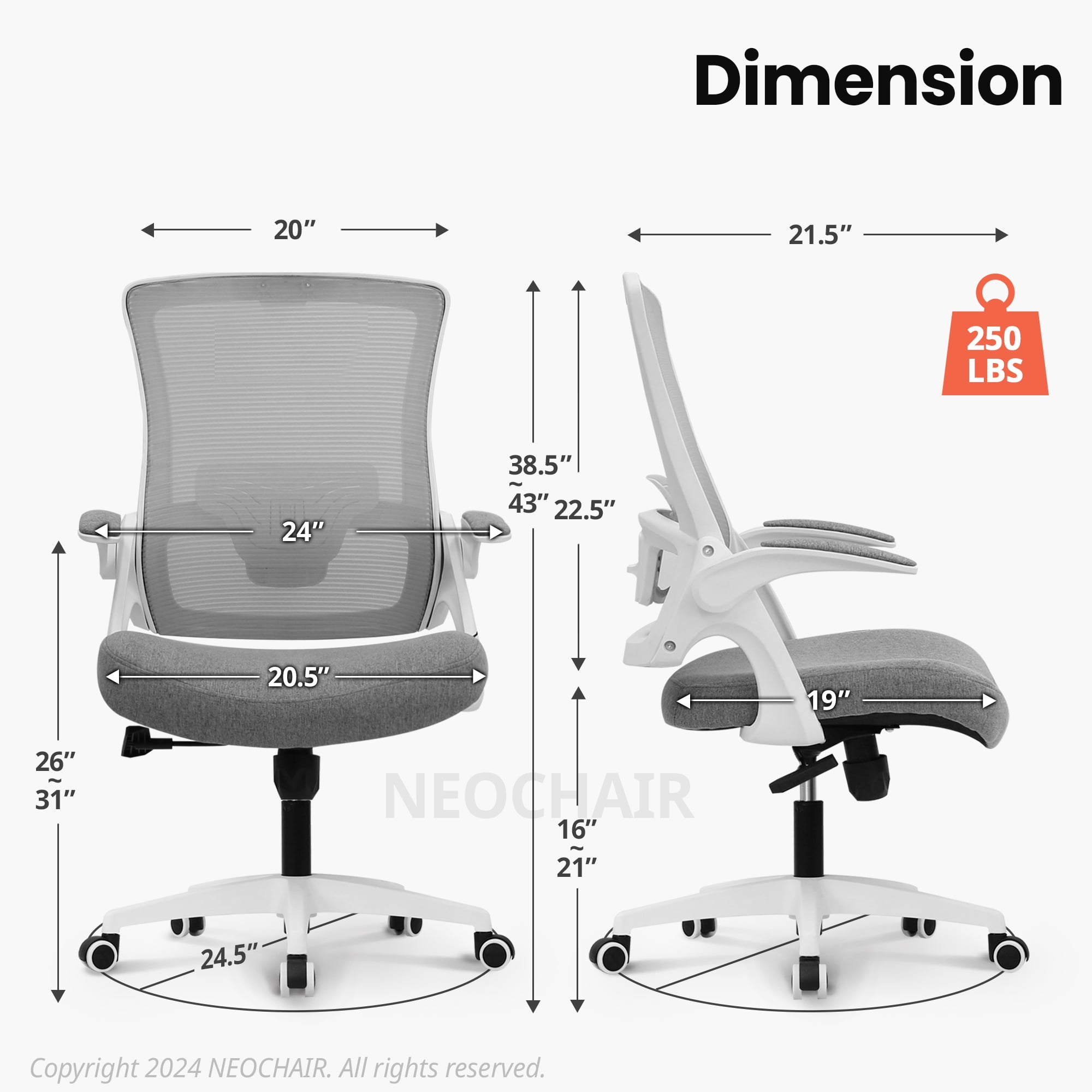 NEO CHAIR Ergonomic Office Chair, Adjustable High Back Mesh Desk Chair with Flip-up Arms, Gray