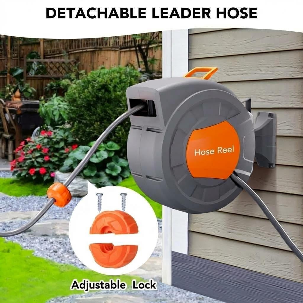 AIKKYS 100ft Retractable Garden Hose Reel with Auto Rewind,180° Swivel Bracket & 9-Pattern Nozzles,Any Length Lock Wall-Mounted Water Hose Reel