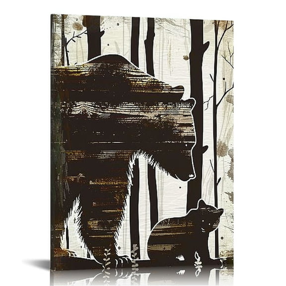 ONETECH Wild Animal Canvas Wall Art Black Bear Family in Forest Rustic Wood Painting Picture Abstract Artwork Prints for Home Farmhouse Bathroom Decor Framed Ready to Hang