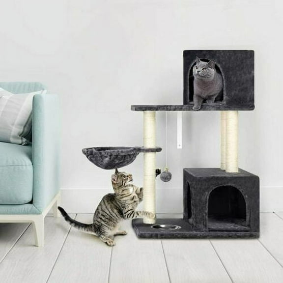 37"Multi-Level Cat Tree Tower Cat Tree Tower Stand Activity Playground Dark Grey