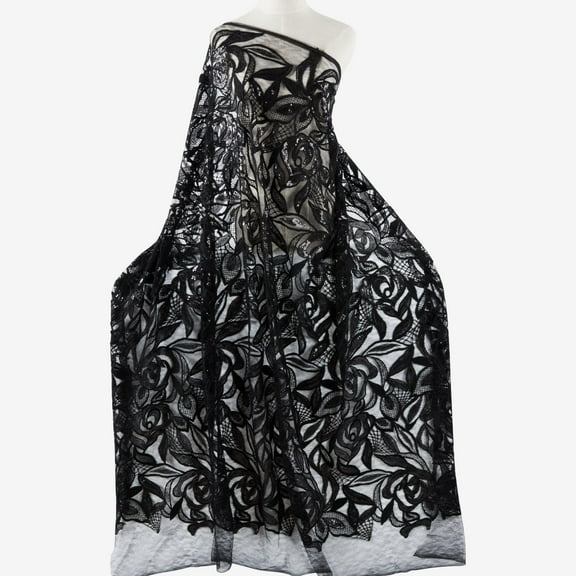 Zelouf Big Rose Sequince Embroidery Lace Mesh , Sewing, DIY, Crafts Fabric by the Yard, Black, 50 Yard